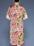 Flower Print V-neck Short Sleeve A-Line Dress for Women