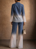 Women 2 Piece Blue Ombre Gradient Shirt and Wide Leg Pants Set