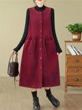 Women's Solid Color Round Neck Pockets Corduroy Vest Dress
