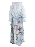 Women's Elegant Print  Shoulder Cut Long Sleeve Shirt & Strap Dress