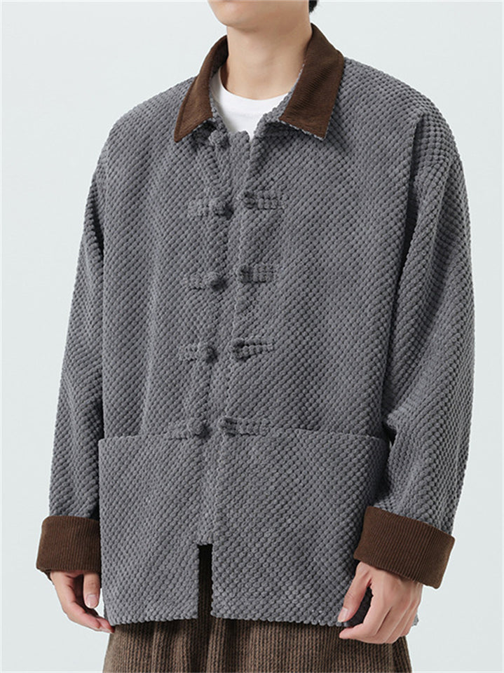 Oriental Style Vintage Lapel Corduroy Contrast Trim Jacket for Men