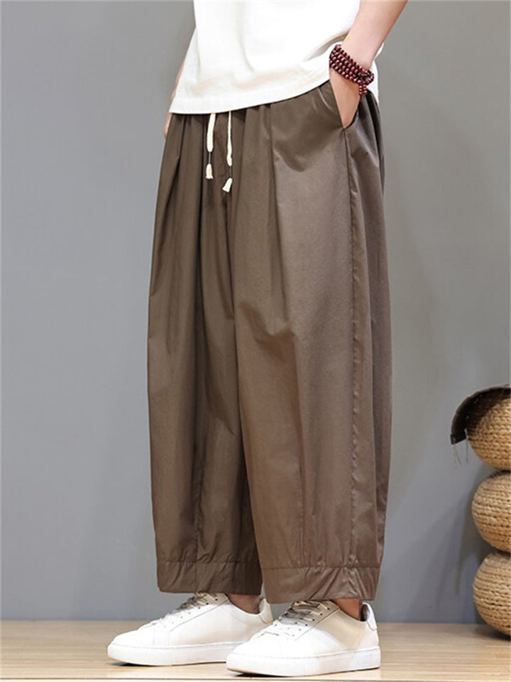 Men's Summer Casual Drawstring Wide Leg Cropped Pants