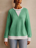 Women Loose Ribbed Color Block Pullover Casual Sweatshirts