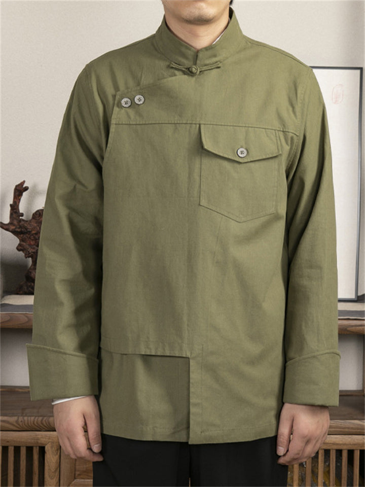 Retro Chinese Style Stand Collar Tang Suit Cargo Shirt for Men