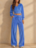 Women Velvet 2 Piece Zip Up Hoodie Wide Leg Pants Tracksuit Set
