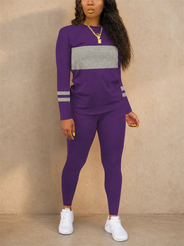 Women Color Block Tracksuit Long Sleeve Crew Neck Top and Leggings Set