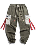 Crane Embroidery Red Cloth Multi-Pocket Pants for Men