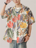 Men's Holiday Style Leaves Print Lapel Short Sleeve Beach Shirt