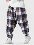 Men's Japanese Style Retro Loose Fit Elastic Waist Checkered Joggers Pants