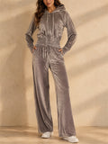 Women Velvet 2 Piece Zip Up Hoodie Wide Leg Pants Tracksuit Set