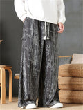 Men's Vintage Casual Bamboo Print Corduroy Drawstring Wide Leg Pants