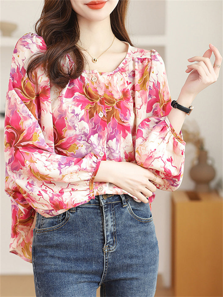 Korean Style Floral Print Round Neck Puff Sleeve Shirt for Women