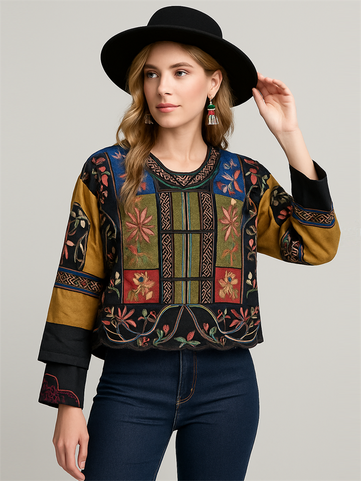 Women's Ethnic Style Patchwork Flowers Embroidered Frog Button Jacket