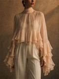 Women's Chiffon Tiered Ruffle Flare Sleeve High Neck Top