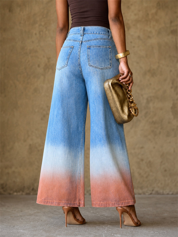 Women High Waisted Wide Leg Ombre Gradient Denim Jeans
