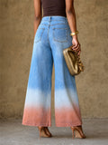 Women High Waisted Wide Leg Ombre Gradient Denim Jeans