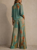 Women Boho Holiday Floral 2 Piece Set Shirt Wide Leg Pants Outfit