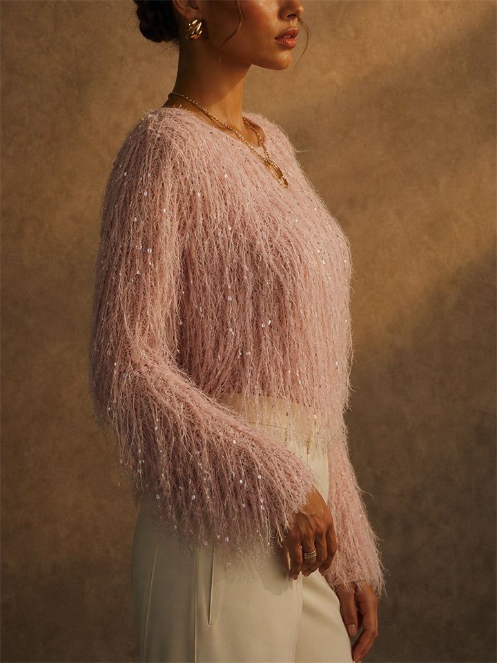 Womens Stylish Pink Shaggy Faux Sequin Fuzzy Knit Party Sweater