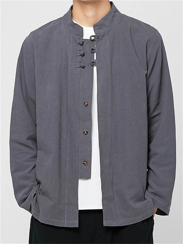 Men's Casual Chinese Style Button Stand Collar Long Sleeve Shirt