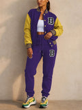 Women Varsity Jacket Set Color Block Letter Patch 2 Piece Outfit