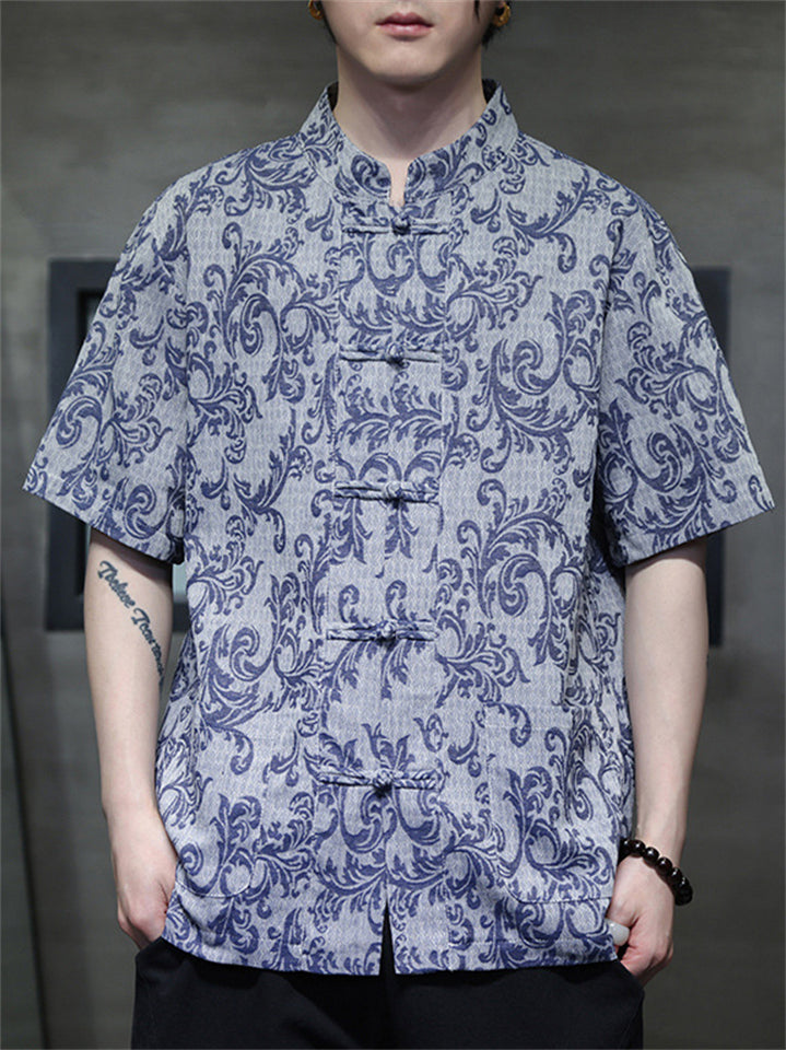 Men's Cotton Linen Stand Collar Short Sleeve Tang Suit Shirts