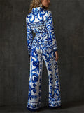 Women's Elegant Majolica Print Satin 2 Piece Wide Leg Resort Suit