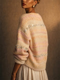 Women Pastel Striped Sequin Mohair Look Soft Knit Sweater