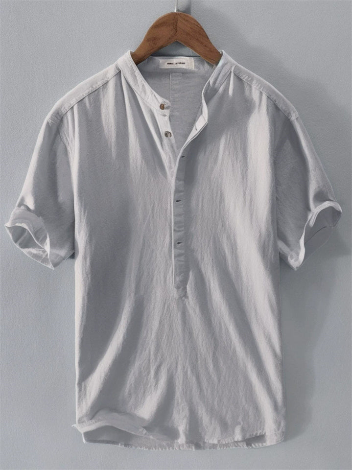 Men's Simple Solid Color Stand Collar Pullover Short Sleeve Shirts
