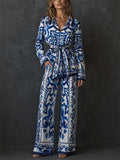 Women's Elegant Majolica Print Satin 2 Piece Wide Leg Resort Suit