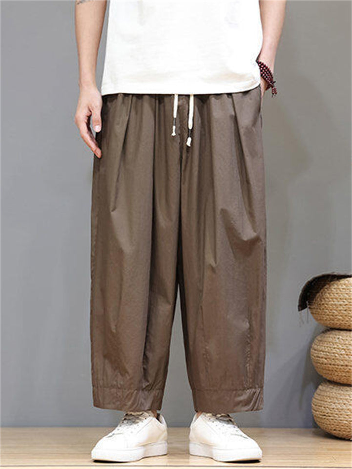 Men's Summer Casual Drawstring Wide Leg Cropped Pants