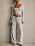 Womens Striped Ribbed Long Sleeve Crop Top Wide Leg Pants 2pc Set