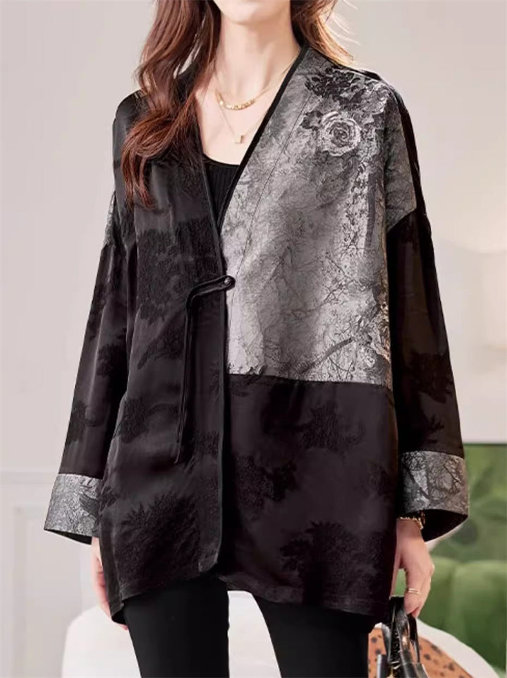 Chinese Style Tencel Jacquard Contrast Color Patchwork Jackets for Women