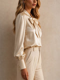 Women Elegant Satin Bow Tie Blouse Puff Sleeve Top