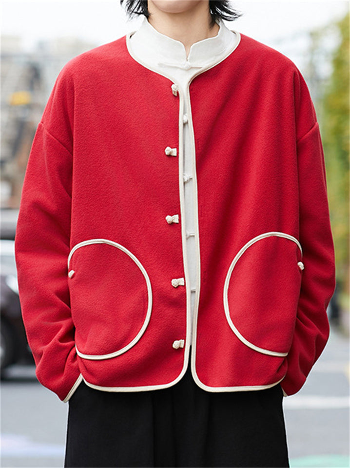 ‌Men's Autumn Lightweight Contrast Trim Pockets Fleece Jackets