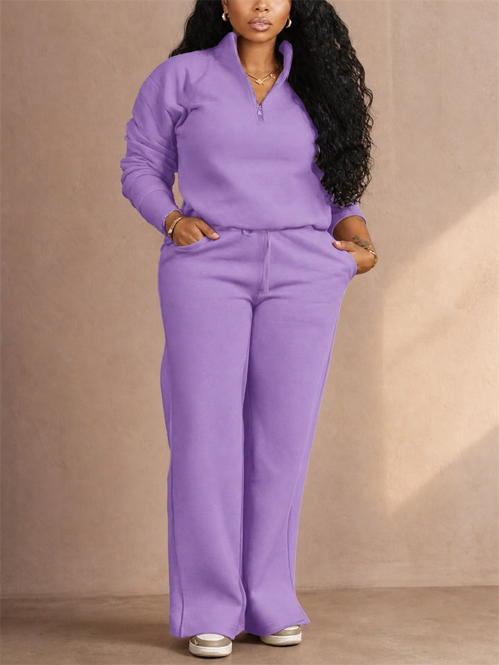 Women Half Zip Sweatsuit Set Wide Leg Pants 2 Piece Lounge Outfit