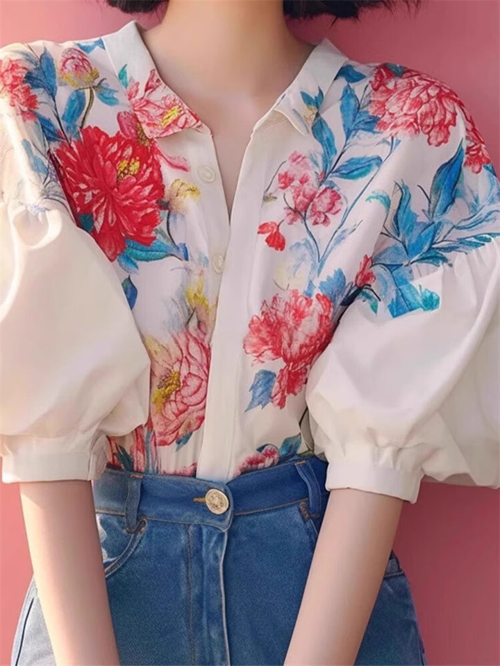 French Style Floral Print Puff Short Sleeve Shirt for Women