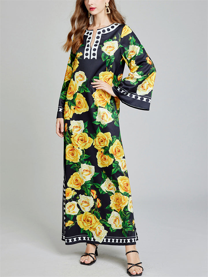 Women's Loose Flowers Print Side Split Maxi Dress