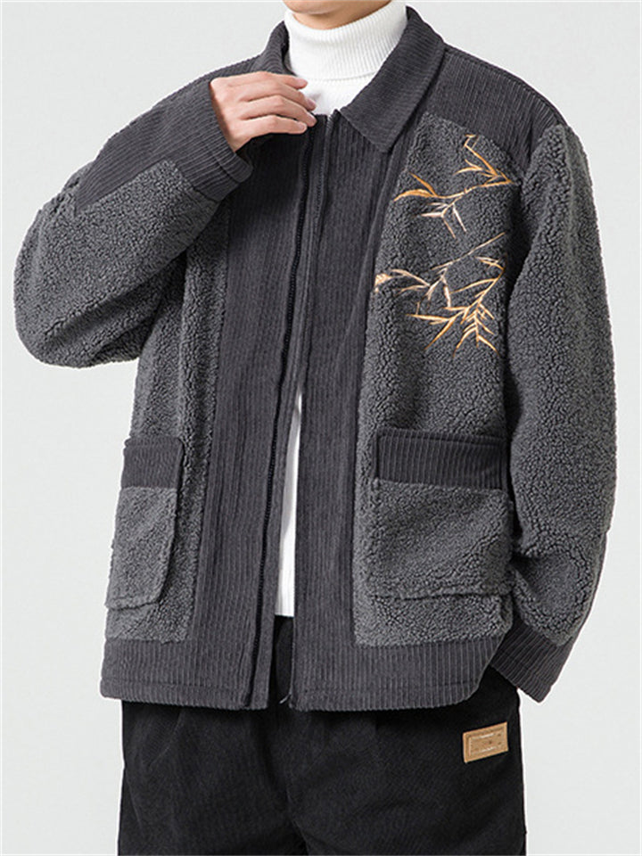 Bamboo Leaf Embroidery Corduroy Lapel Jacket for Men