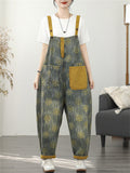 Women's Contrast Color Print Pockets Overall Denim Jumpsuits