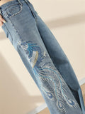 Women's High Waist Peacock Embroidery Denim Pants