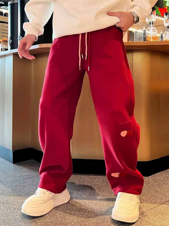 Men's Fleece-Lined Heart Embroidered Regular Fit Casual Pants