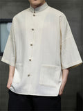 Men's Summer Retro Solid Color Stripe Loose Short Sleeve Shirts