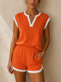 Womens Casual Contrast Trim V Notch Neck Shorts 2pc Set