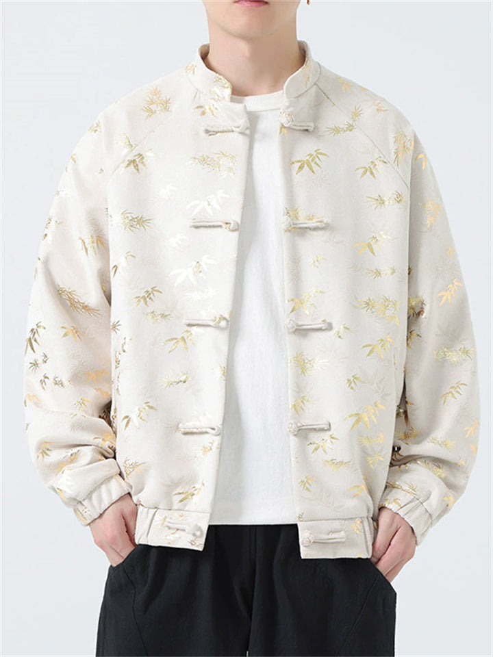 Men's Autumn Chinese Style Leaves Print Frog Button Jackets