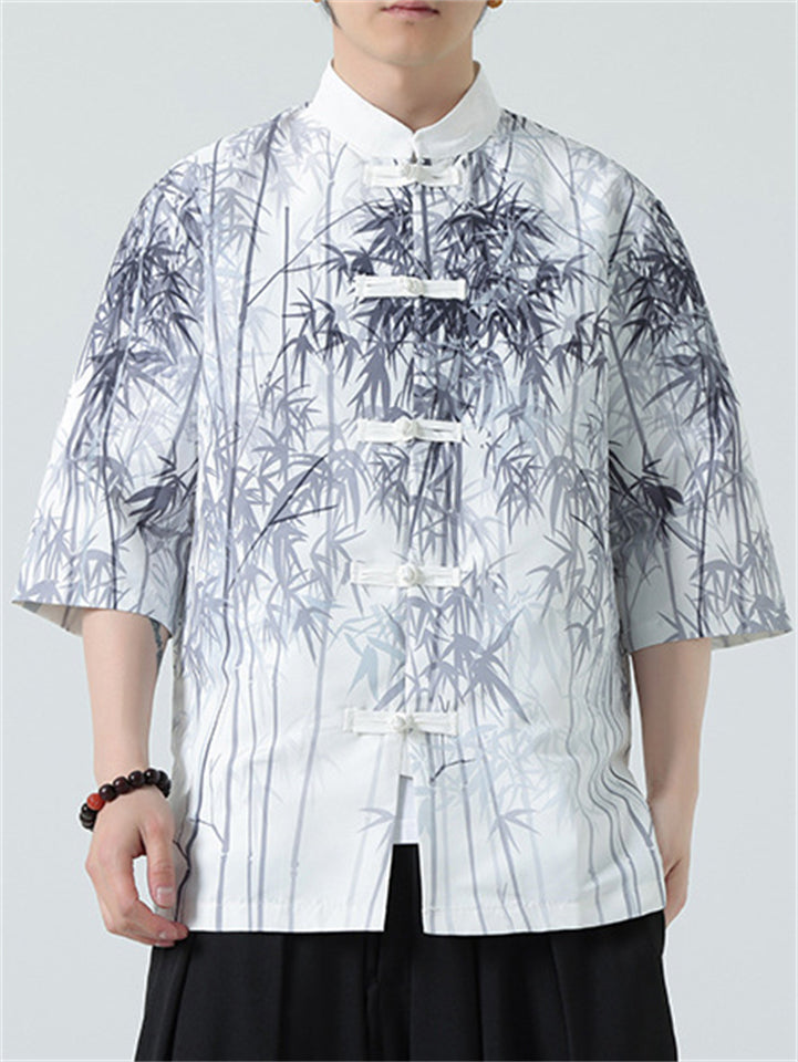 Chinese Style Bamboo Print Short Sleeve Shirts for Men