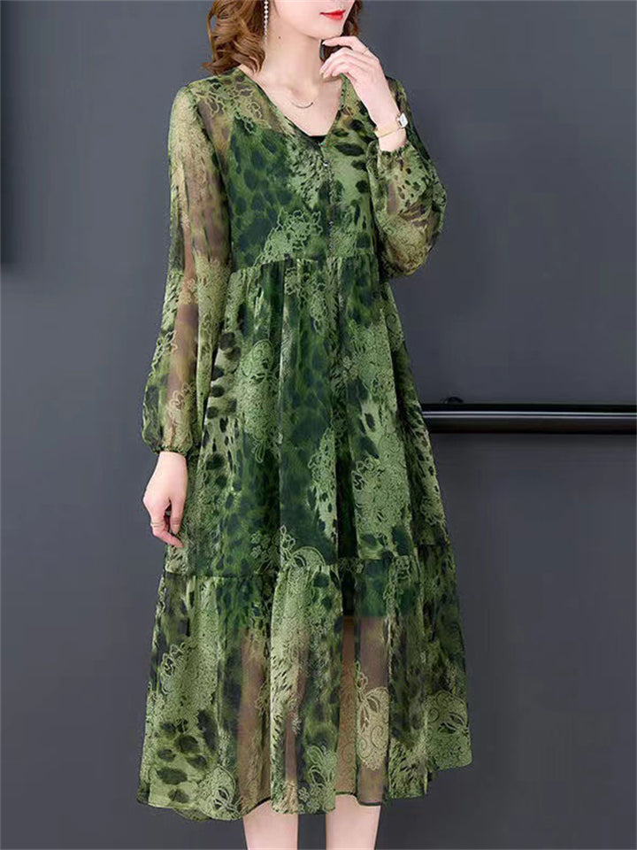 Women's Green Print V-Neck Long Sleeve Dress with Black Strappy Inner