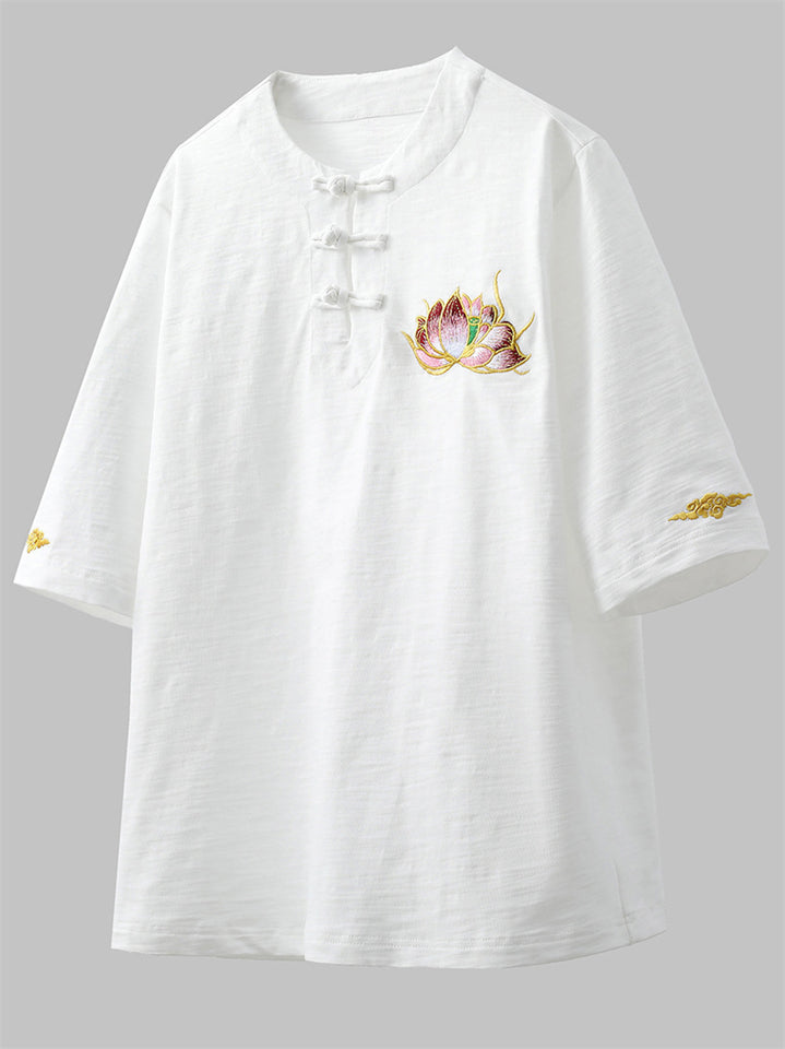 Men's Chinese Style Summer Quarter Button Lotus Embroidery Shirts