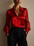 Women Satin Blouse Sheer Striped Mesh Sleeve Top