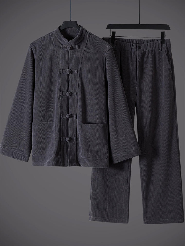 Men's 2Pcs Autumn Cotton Blend Corduroy Frog Button TangSuit Outfit