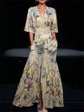 Women's Elegant Contrast Color Floral Printed Half Sleeve Maxi Dress